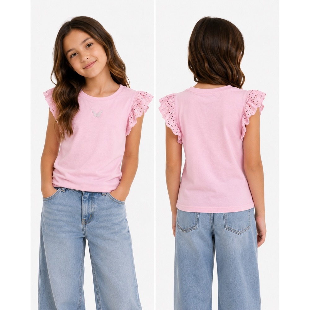 DKNY Flutter Sleeve Top Kids Size 5/6 Pink Butterfly Eyelet Lace Tee Balletcore